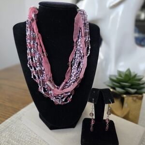 Vintage Layered Purple Seed and Glass Bead Collar Necklace with Earrings Set